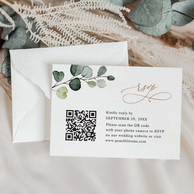 Tarjeta De Confirmación De Asistencia Código QR Elegante Eucalyptus Greenery Gold Boda (Subido por el creador)