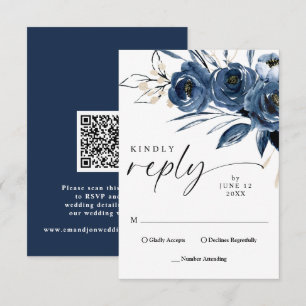 Tarjeta De Confirmación De Asistencia Código QR Elegante Letra Azul Marino Floral Boda