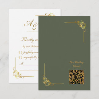 Tarjeta De Confirmación De Asistencia Código QR elegante para evento de boda en oro y sa