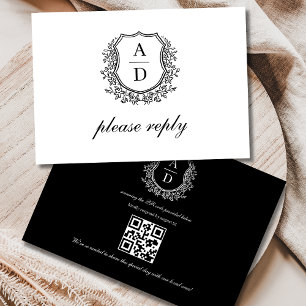 Tarjeta De Confirmación De Asistencia Código QR Escudo blanco negro Boda monograma