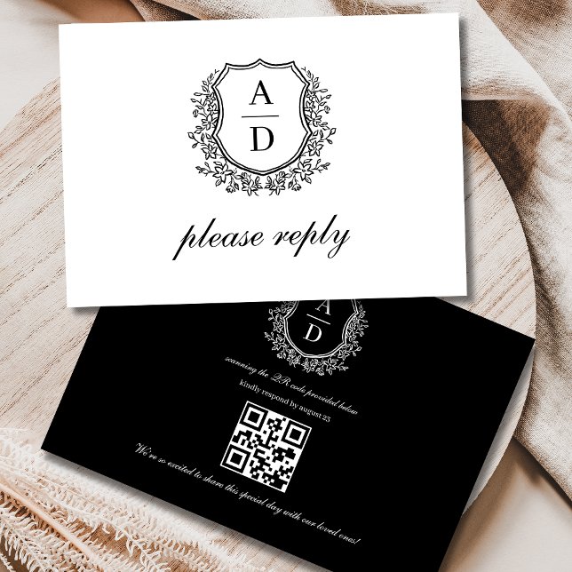 Tarjeta De Confirmación De Asistencia Código QR Escudo blanco negro Boda monograma (Subido por el creador)