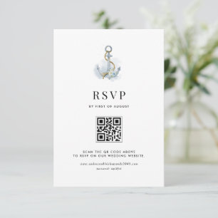 Tarjeta De Confirmación De Asistencia Código QR floral azul ancla náutica acuarela