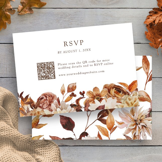 Tarjeta De Confirmación De Asistencia Código QR floral de hojas de otoño (Modern Fall Leaves Floral QR Code RSVP Card by Painted Paperie
)