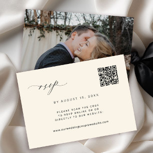 Tarjeta De Confirmación De Asistencia Código QR foto boda negro y marfil