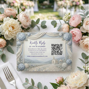 Tarjeta De Confirmación De Asistencia Código QR Hortensia Azul Vintage Capilla de Boda