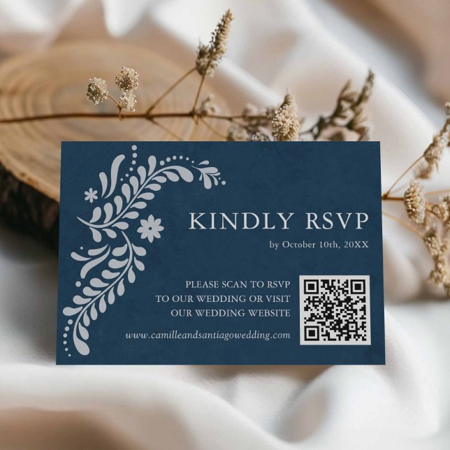 Tarjeta De Confirmación De Asistencia Código QR mexicano de Talavera Azul (Blue Talavera Mexican Wedding RSVP card)