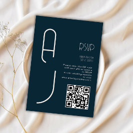 Tarjeta De Confirmación De Asistencia Código Qr Minimalista de Boda Monograma Azul Marin