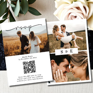 Tarjeta De Confirmación De Asistencia Código QR Minimalista en blanco y negro Boda fotog