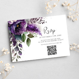 Tarjeta De Confirmación De Asistencia Código QR Morado Moderno Floral Elegante Boda