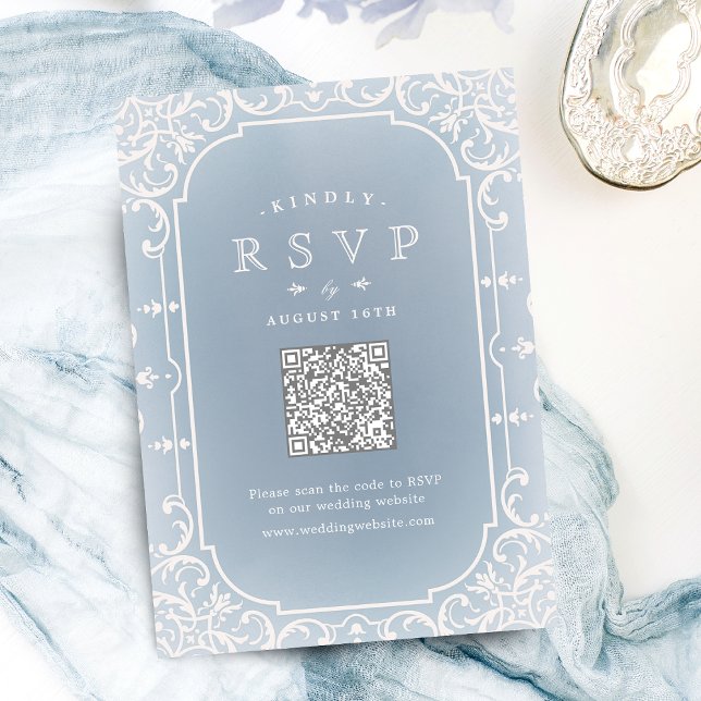 Tarjeta De Confirmación De Asistencia Código QR ondulado azul elegante romántico (Dusty blue elegant romantic vintage QR code RSVP Card)