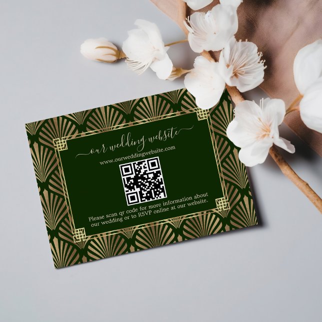Tarjeta De Confirmación De Asistencia Código QR Oro verde oscuro Boda Art Deco (Subido por el creador)