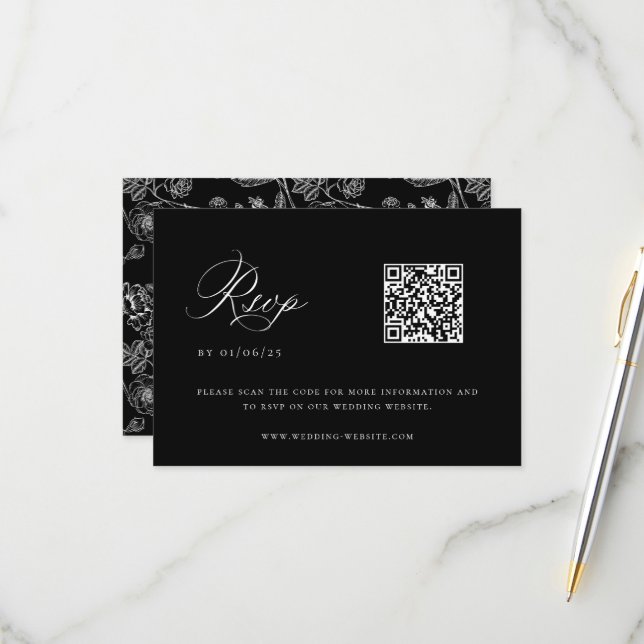 Tarjeta De Confirmación De Asistencia Código QR para Boda Chinoiserie negro (Anverso/Reverso In Situ)