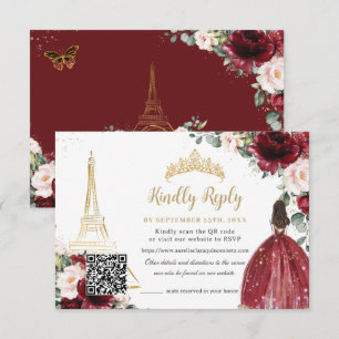 Tarjeta De Confirmación De Asistencia Código QR Quinceañera Floral Rosa Rosado París Dor