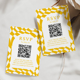Tarjeta De Confirmación De Asistencia Código QR Retro Amarillo a Cuadros Boda