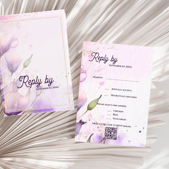 Tarjeta De Confirmación De Asistencia Código QR Romántico Lavanda Dorado Floral Boda (Romantic QR Code Lavender Gold Floral Wedding RSVP Card)