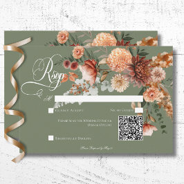 Tarjeta De Confirmación De Asistencia Código QR verde de arveja floral boho Peach & Rust