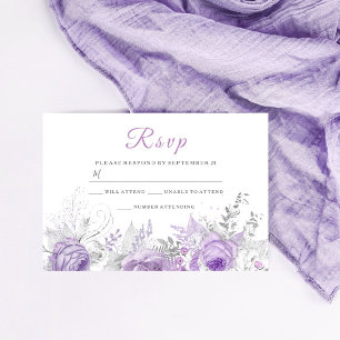 Tarjeta De Confirmación De Asistencia Coincidencia con Boda floral de esparkle morado de