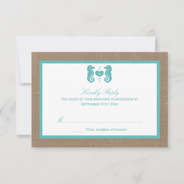 Tarjeta De Confirmación De Asistencia Colección de Bodas Turquoise Seahorse Burlap Beach (Anverso)