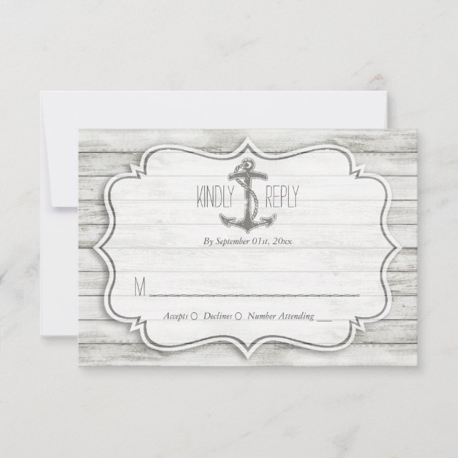 Tarjeta De Confirmación De Asistencia Colección Nautical Whitewashed Wood Beach Wedding (Anverso)