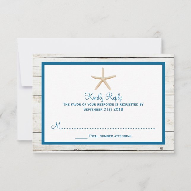 Tarjeta De Confirmación De Asistencia Colección Starfish Whitewashed Wood Beach Wedding (Anverso)