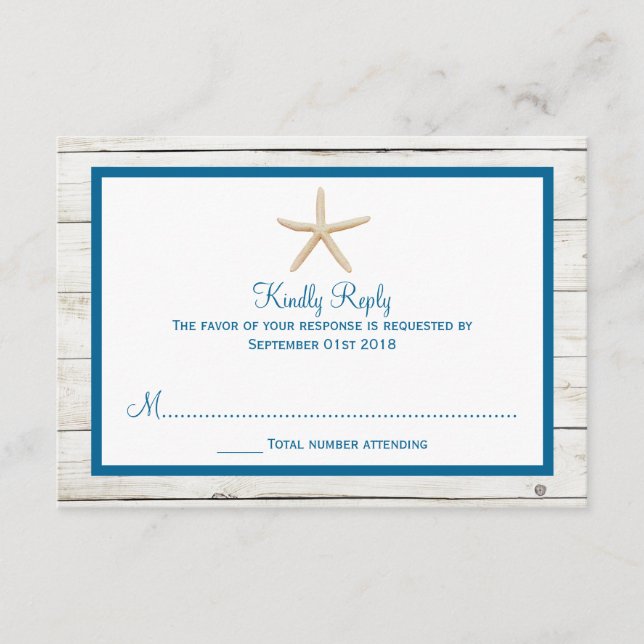 Tarjeta De Confirmación De Asistencia Colección Starfish Whitewashed Wood Beach Wedding (Anverso)