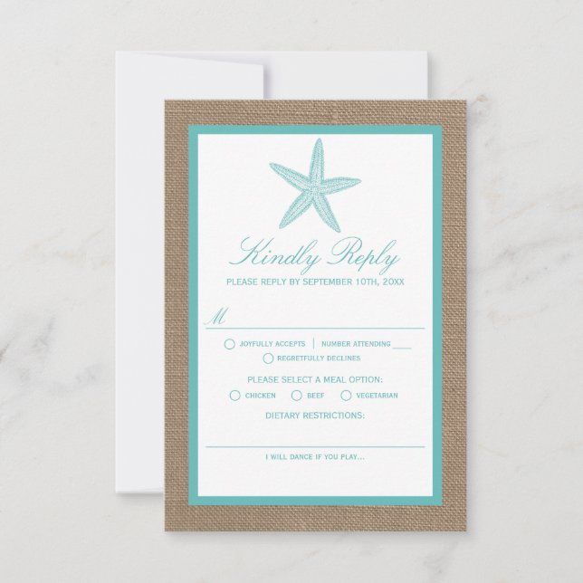Tarjeta De Confirmación De Asistencia Colección Turquoise Starfish Burlap Beach Wedding (Anverso)