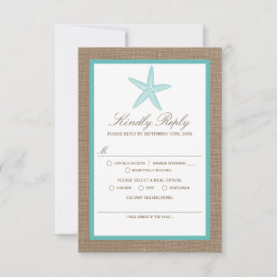 Tarjeta De Confirmación De Asistencia Colección Turquoise Starfish Burlap Beach Wedding