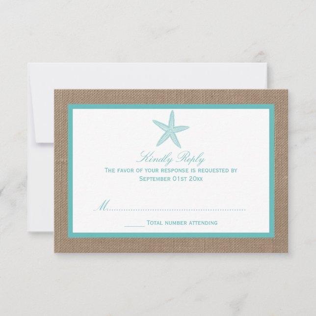 Tarjeta De Confirmación De Asistencia Colección Turquoise Starfish Burlap Beach Wedding (Anverso)