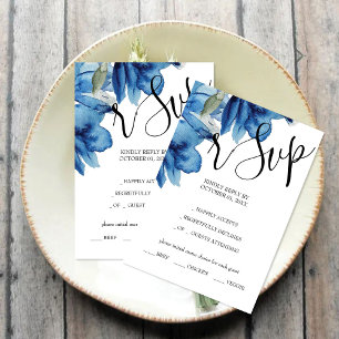 Tarjeta De Confirmación De Asistencia Color azul índigo floral acuático pintado a mano