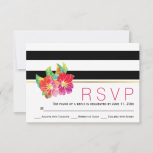 Tarjeta De Confirmación De Asistencia Colores de agua floral rayas blancas negras boda R