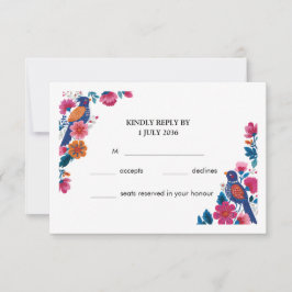 Tarjeta De Confirmación De Asistencia Colorful Boho Folk Birds and Flowers Wedding