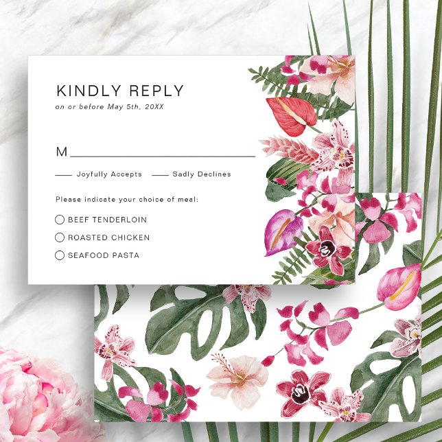 Tarjeta De Confirmación De Asistencia Colorido tropical (Elegant Colorful Tropical Floral  RSVP Card by Painted Paperie)