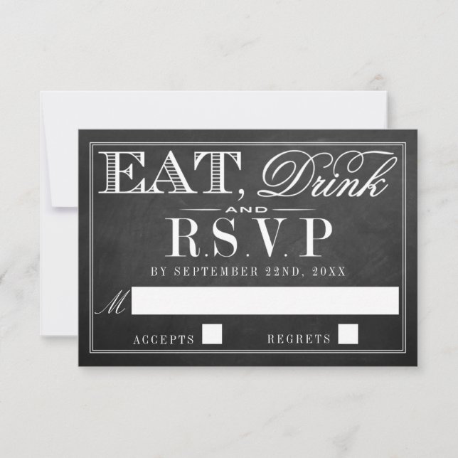 Tarjeta De Confirmación De Asistencia Comer, beber y casarse Boda de Chalkboard (Anverso)
