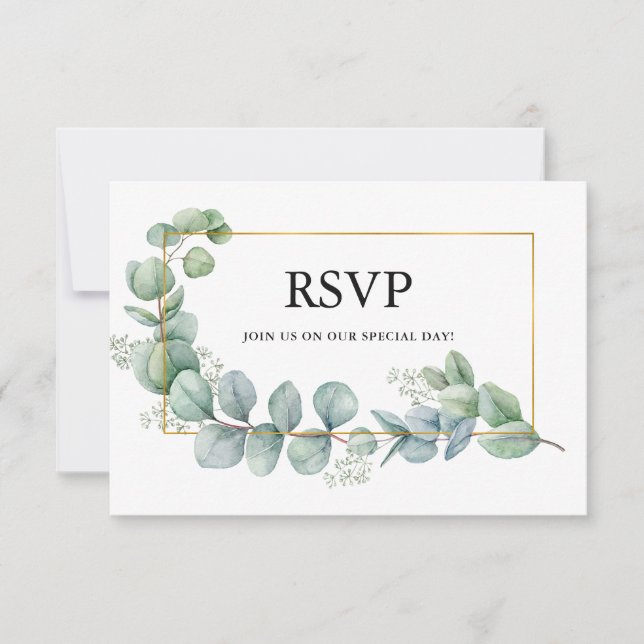 Tarjeta De Confirmación De Asistencia Comida Boda de oro Eucalyptus Greenery (Anverso)