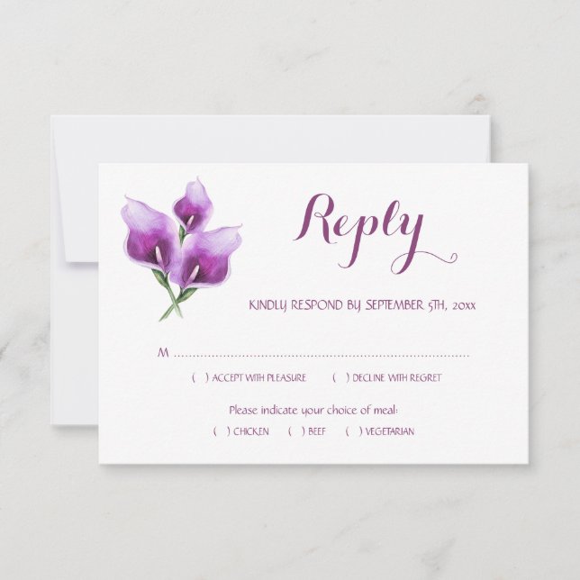 Tarjeta De Confirmación De Asistencia Comida Boda Floral Purple Calla Lily Monogram (Anverso)