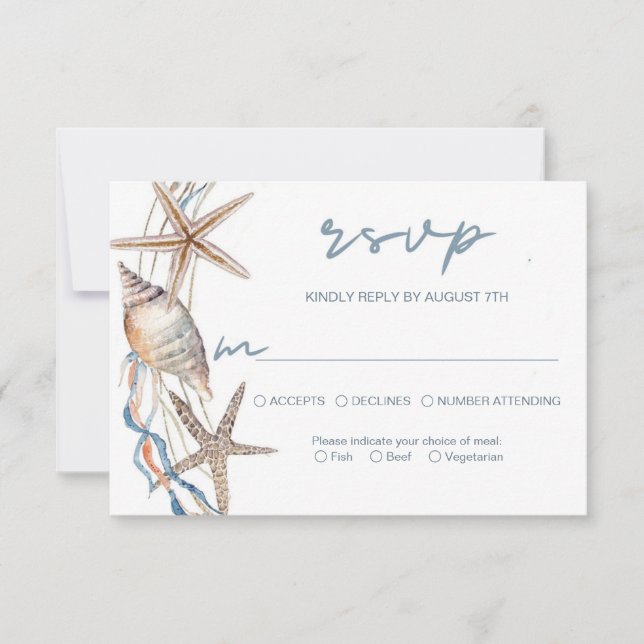 Tarjeta De Confirmación De Asistencia Comida de bodas de mariscos Starfish Seashell (Anverso)