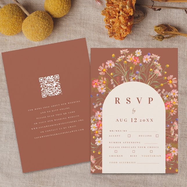 Tarjeta De Confirmación De Asistencia Comida Floral Terracotta Boho Fall Wildflower (Terracotta and beige boho fall wildflower rustic floral arch wedding meal options and qr code rsvp )