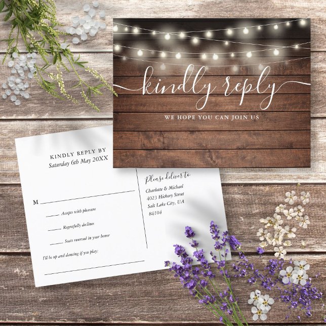 Tarjeta de Confirmación de Asistencia con Luces de (Rustic String Lights Song Request RSVP Postcard)