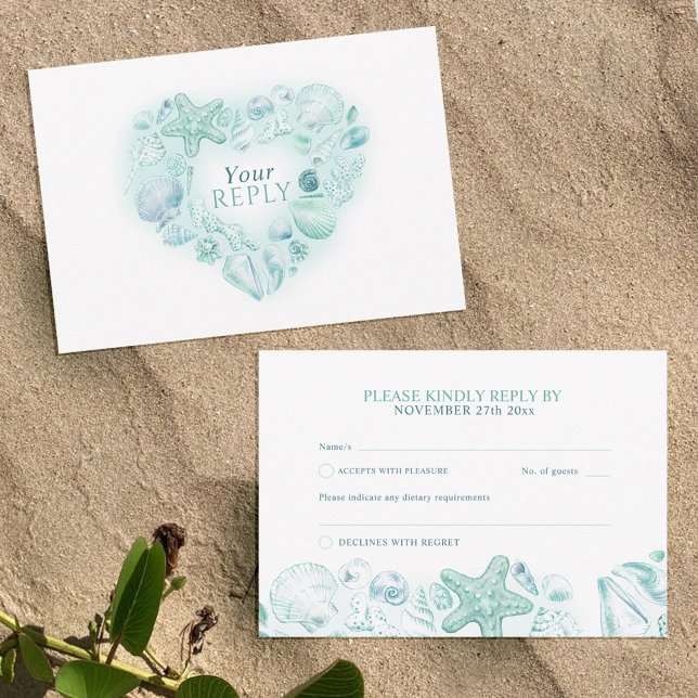 Tarjeta De Confirmación De Asistencia conchas arte cardiaco playa boda acuarela acuática (Subido por el creador)