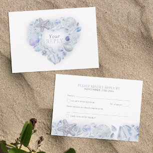 Tarjeta De Confirmación De Asistencia conchas arte cardíaco playa bodas azul acuático