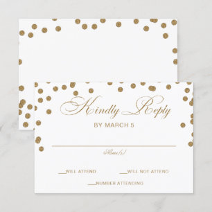Tarjeta De Confirmación De Asistencia Confetti Purpurina de oro blanco elegante matrimon