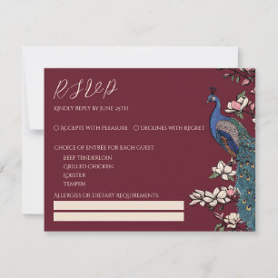 Tarjeta De Confirmación De Asistencia Confirmación de boda de Burgundy Peacock & Magnoli