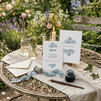 Tarjeta De Confirmación De Asistencia Confirmación de Boda Floral Folk Azul Polvoriento