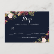 Confirmación de boda otoñal floral de color navy d