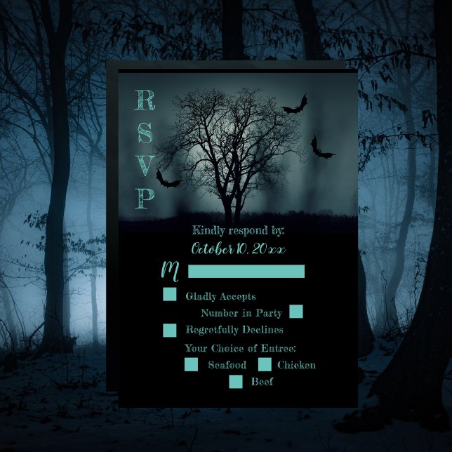 Tarjeta De Confirmación De Asistencia Confirmación de bodas de Halloween de murciélagos  (Eerie Tree Bats Halloween Wedding RSVP)