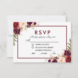 Tarjeta De Confirmación De Asistencia Confirmación de comida de boda floral borgoña