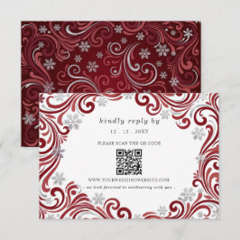 Tarjeta De Confirmación De Asistencia Copo de Nieve Rojo Plateado Código QR Boda de Invi