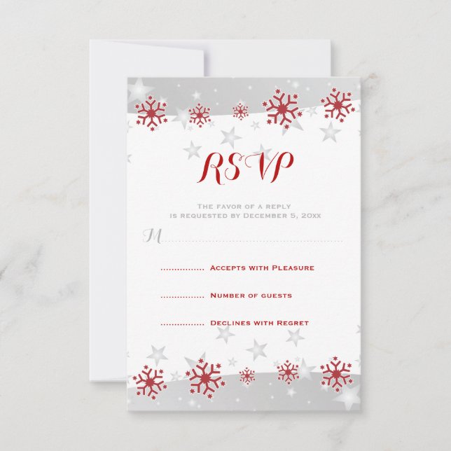 Tarjeta De Confirmación De Asistencia Copos de nieve rojos y estrellas grises boda moder (Anverso)