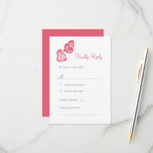 Tarjeta De Confirmación De Asistencia Coral Pink Floral Mariposa Jardín Boho Boda