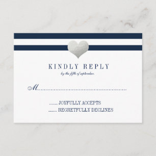 Tarjeta De Confirmación De Asistencia Corazón de Relieve metalizado plateado + Rayas RSV